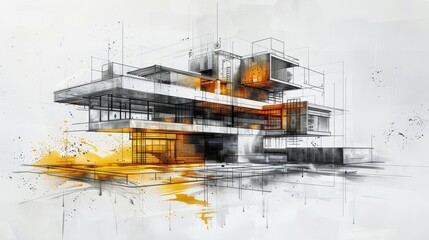 Fototapeta premium A sketch of Office, drawn by an architect on white background