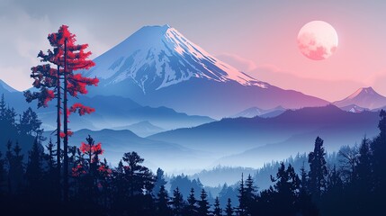 Japanese mountain landscape background, mount fuji japan vector style background for wall art print decor poster design. copy space for text.