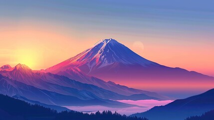 Japanese mountain landscape background, mount fuji japan vector style background for wall art print decor poster design. copy space for text.