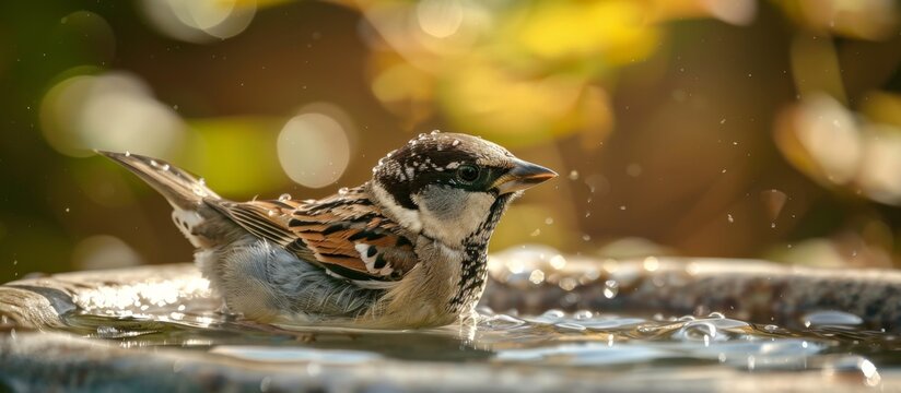 A colorful bird gracefully sits on the edge of a clean and shallow bird bath filled with water in a garden