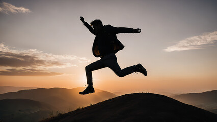 Silhouette of Man Jumping on Hill at Sunset dusk