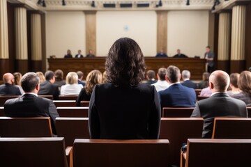 A female lawyer sits confidently in a chair facing a crowd of people, ready to address them. Generative AI