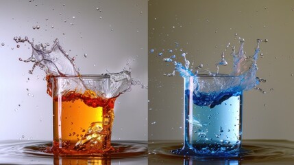 Compare and contrast the characteristics of water splashes in different liquids ​