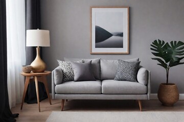 Minimal and cozy living room with a grey armchair and stylish lamp on a wooden table. Cozy grey living room ideas.