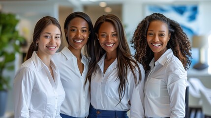 Portrait of four women. Female friends smiling at camera while posing together