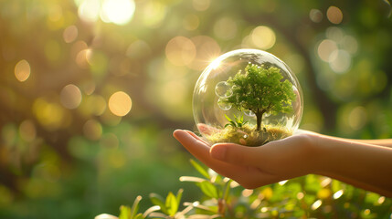 Hand Holding a Glass Sphere with a Vibrant Tree Inside Under Sunlight