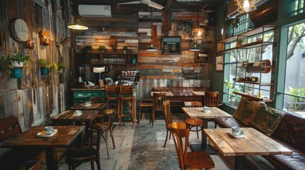 cozy cafÃ© interior inspired by rustic farmhouse aesthetics, featuring reclaimed wood furniture, vintage dÃ©cor, and warm lighting ​