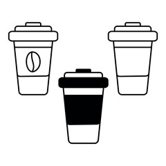 Outline drawn disposable coffee cups with lid in minimalist style Icon Logo design concept Set of 3