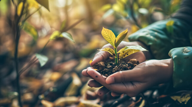 Hands nurturing a young plant in soil. Growth and eco-friendly gardening concept. Design for environmental conservation poster, Earth Day promotion, sustainable living campaign. - Powered by Adobe