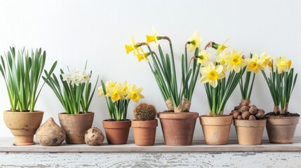 daffodil plants in bulbs and pots on white background, studio light,​