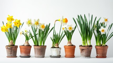 daffodil plants in bulbs and pots on white background, studio light, ​
