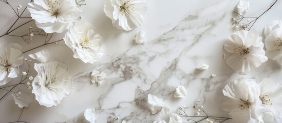 White flowers arranged neatly on a beautiful marble surface creating a delicate and elegant display