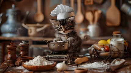 Funny cat chef cooking in kitchen, adorable cute kitten in chef hat prepare a meal with ingredient, pet animal in costume joke message greeting card blogging concept - obrazy, fototapety, plakaty