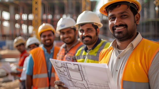 Happy indian construction workers or engineers in helmets standing together on constraction site, group team of cheerful smiling working man with supervisor in white construction industry.