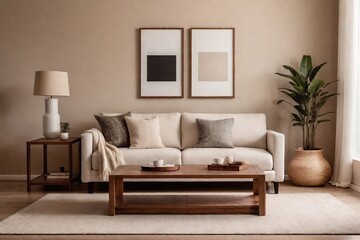 Naklejka premium Warm minimalist living room interior with a comfortable sofa, brown wall, coffee table, and minimal decorative frames in a perfect composition.