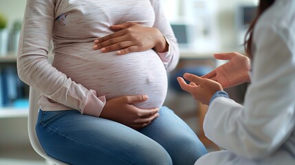 Gynecology Consultation. Smiling pregnant woman visiting her obstetrician doctor in maternity clinic