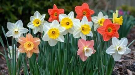 Describe the daffodils in the courtyard, each petal a vibrant hue of a different color.​