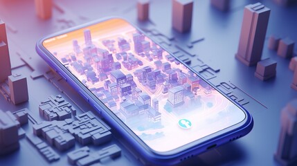 a map and phone with an aerial view of a city, in the style of light violet and light azure, rough-edged 2d animation, chinapunk, light white and light orange, blurry details - obrazy, fototapety, plakaty