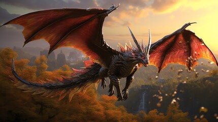 Capture a majestic dragon soaring over a mystical forest during sunset, emphasizing the vibrant colors of the sky and showcasing intricate details of the creatures scales in photorealistic digital ren - obrazy, fototapety, plakaty
