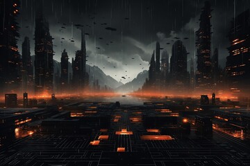 Illustrate a dark, futuristic cityscape from a drones perspective, emphasizing intricate horror details with a pixel art digital rendering technique Infuse luxury elements subtly to create a stark con