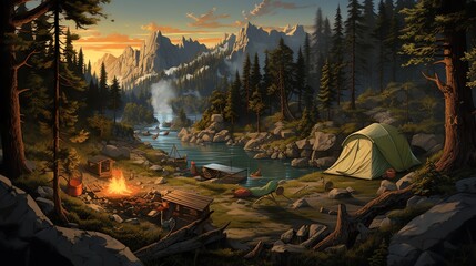 Illustrate the captivating stories of survival in the wild with a detailed digital rendering of a campsite from above Show a trail of footprints leading to the tent among the trees, with shadowed wild - obrazy, fototapety, plakaty