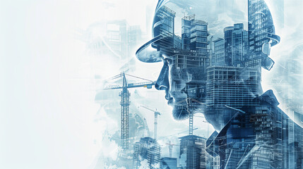 Double Exposure of Female Engineer with Construction Site Blueprint Concept - obrazy, fototapety, plakaty