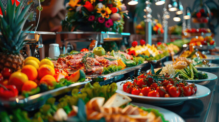 Fototapeta na wymiar Indoor Catering Buffet, Colorful Spread of Meat, Fruits, and Vegetables