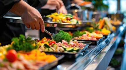 Indoor Catering Buffet, Colorful Spread of Meat, Fruits, and Vegetables
