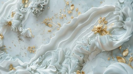 Develop a series of haikus capturing the ethereal beauty of marble carvings engraved with intricate DMT shapes, accented by delicate blue and gold hues on pure white paper ​