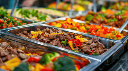 Obraz premium Indoor Catering Buffet, Colorful Spread of Meat, Fruits, and Vegetables