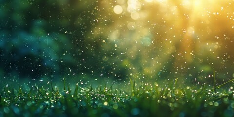 Lush Grass Field With Water Droplets. Generative AI - obrazy, fototapety, plakaty