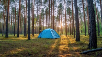 camping in a pine forest on a summer sunny Day.AI generated image