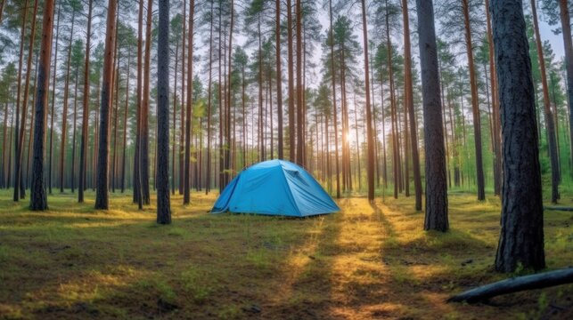 camping in a pine forest on a summer sunny Day.AI generated image
