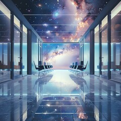 Interdimensional office space, portals to different universes, side view, bright lighting