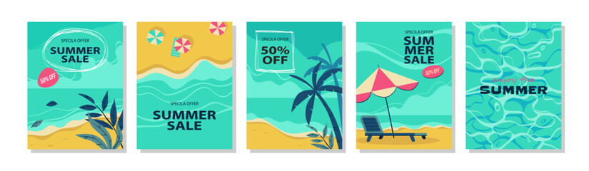 Obraz premium Summer sale banners and posters. Vector illustrations for web and social media banners, print material, newsletters, coupons, and marketing. illustration set.