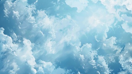 A plane flying through fluffy clouds in the sky - obrazy, fototapety, plakaty