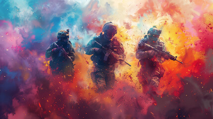 Abstract Artistic Interpretation of Soldiers in Combat with Explosive Colors