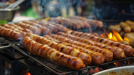 Hot dogs sizzle on grill flames