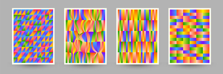 Set of geometric posters of  patterns rectangular and triangular colored gradient. Covers for books, presentations, reports, banners. Vector illustration.