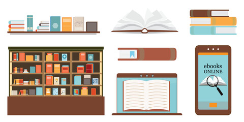 Online library icon set on white background.