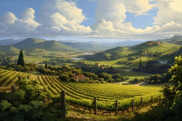 A painting depicting a vineyard nestled in the rolling hills, showcasing lush green fields and...