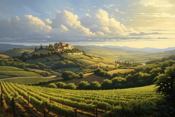 A painting depicting a vineyard with lush green fields and hills, with a majestic castle visible in the background. Generative AI