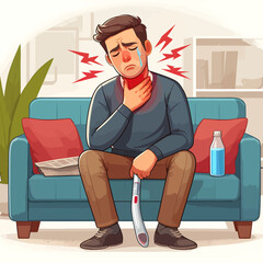 suffering from sore throat touching his painful neck