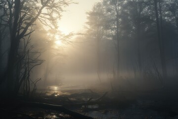 Sunlight filters through dense fog in a forest, creating a mystical and atmospheric scene. Generative AI
