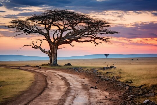 A dirt road stretches through an empty field, with a tree standing tall on the side. Generative AI