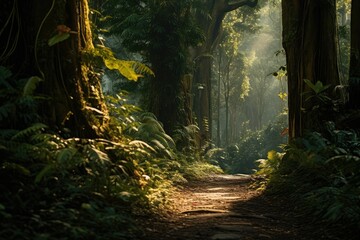 A dirt path runs through a dense forest under the morning sun rays, creating a natural pathway in...