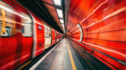 Fototapeta na wymiar Speeding Red Tube Train Captured in Dynamic Motion Blur