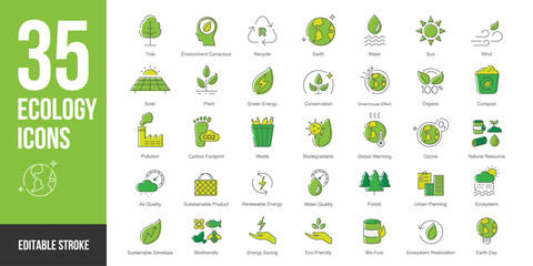Nature and ecology icon set in fill color style. Nature and ecology simple fill color style symbol sign for apps and website and infographic vector illustration.