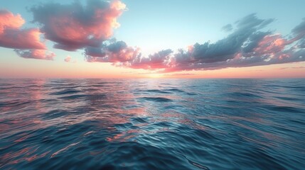 Ethereal seascape at sunset with pastel-colored clouds reflected over the calm ocean Concept of natural serenity, the beauty of twilight, and peaceful reflections - obrazy, fototapety, plakaty