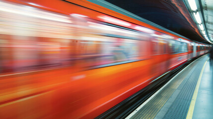 Fototapeta na wymiar Speeding Red Tube Train Captured in Dynamic Motion Blur